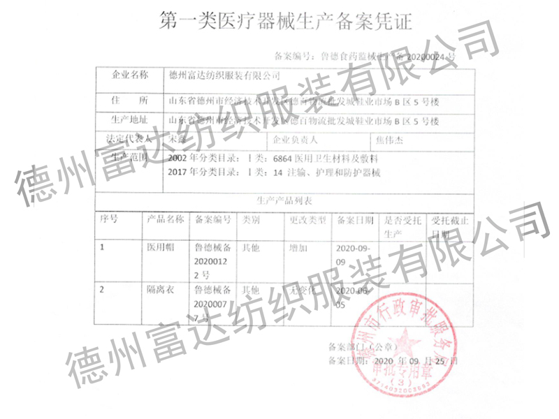 Production record certificate of isolation clothing and medical cap